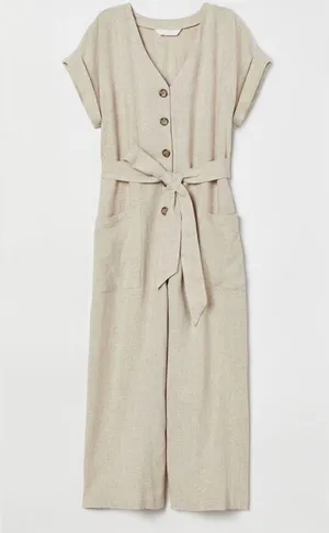 H&M Beige Linen Blend V Neck Button Front Jumpsuit Romper Size XL thumbnail 4