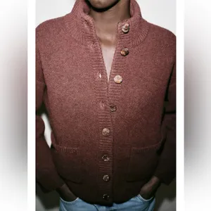 Zara NWT brown button front knit sweater cardigan bomber jacket thumbnail 5