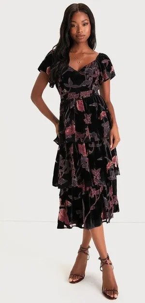 NWT Lulus Oh-So Lovely Black Floral Burnout Velvet Tiered Midi Dress Size Small thumbnail 1