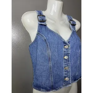 Levi's Tank Top Womens Medium Blue Denim Button Front Buckle Strap Cropped thumbnail 2
