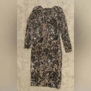 NEW Dress the population Emmalyn Sequins Long Sleeve Sliver Nude Midi size XXL thumbnail 9