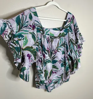Womwns Blouse Boho Tropical Square Neck Ruffle 1X Maximalist Peasant Boho Resort thumbnail 1