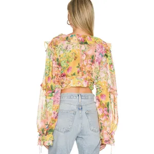 For Love and Lemon’s Nina Floral Lace Front Ruffle‎ Cropped Blouse - Multi XXS thumbnail 2