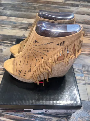 Not Rated Tan Suede Fringe Delight Laser-Cut Cork Wedge Sandals thumbnail 3