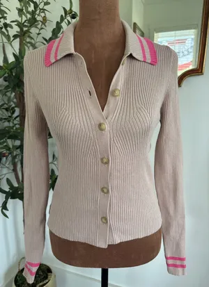 Maeve Anthropologie Ribbed Sweater Cardigan Tan Pink Stripe Collar XS LS thumbnail 1