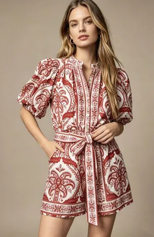 NWT Farm Rio Tropical Cameo Belted Romper Size M 100% Cotton Puff Sleeves thumbnail 1