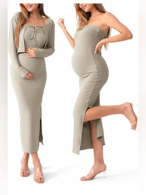 SUNNYBUY Baby Shower Maternity Tube Dress Short Cardigan Ribbed Maxi Dress thumbnail 2