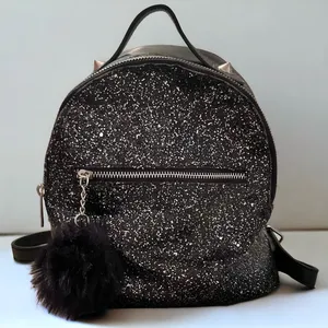 Black Glitter Faux Leather Mini Backpack with Pom-Pom Charm & Zippered Pockets thumbnail 1