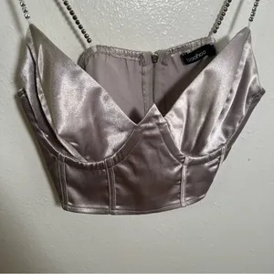 Boohoo Women's Size 6 Satin Diamante Strap Corset Top Silver Zip Back Rhinestone thumbnail 5