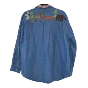 Vintage Santa Claus Embroidered Denim Button-Down Whimsical Folk‎ Art Haiks Med thumbnail 5
