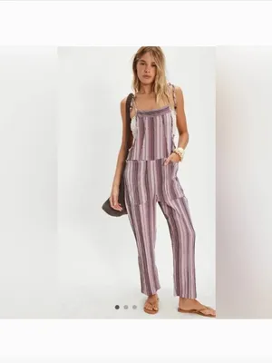 Free People Freya Stripe Overalls. NWT. Mauve combo thumbnail 3