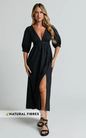 New Showpo Eidie Midi Dress Linen Puff Sleeve Dress Size Small MSRP $89 thumbnail 2
