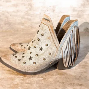Circle G Women’s White Distressed Leather Studded Fringe Ankle Boots with Star Accents thumbnail 2