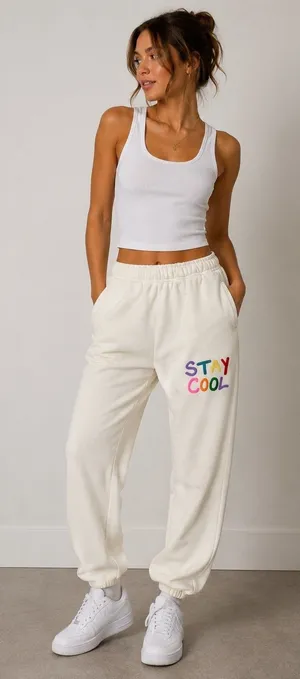 Stay‎ Cool Cream Fleece Jogger Sweatpants Medium Cozy Lounge Y2K Streetwear Soft thumbnail 1
