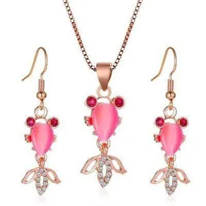 14K Rose Gold Plated Gold Fish Jewelry Set Fish Pendant Necklace Pink Crystal Fish Dangle Drop Earrings(2pcs/set) thumbnail 1
