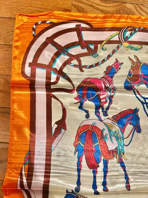 Vintage classic EQUESTRIAN horses PRINT ORANGE/ off white SQUAR SILK SCARF 35/35 thumbnail 8