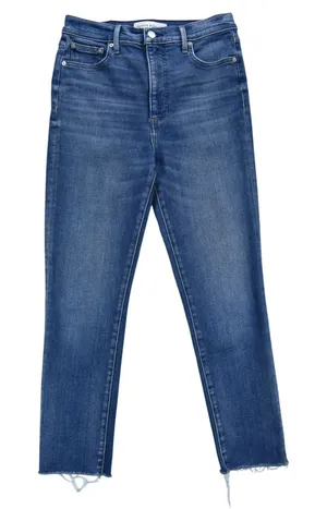Denim Forum High Waisted Straight Leg Jeans Medium Wash Raw Hem Stretch Size 25 thumbnail 1