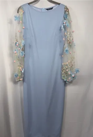 SHEIN Floral Mesh Sleeve Maxi Dress M Blue thumbnail 1