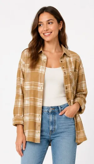 Gap Tan Cream Plaid Oversized Flannel Button-Down Shirt Women’s L thumbnail 1