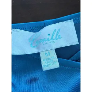 Camille La Vie Brilliant Blue Satin Ruched Cocktail Dress Rhinestone Straps M thumbnail 8