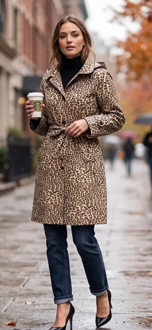 VINTAGE AQUA STOP Leopard Longline Rain Jacket Tan Size L thumbnail 1