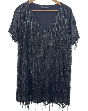 Zara Black Sequin Fringe Flapper 20s‎ Short Sleeve V Neck Mini Dress Party thumbnail 1