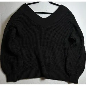 Zenana Black Waffle Knit V-Neck Balloon Sleeve Sweater TW-3418AB Medium thumbnail 4