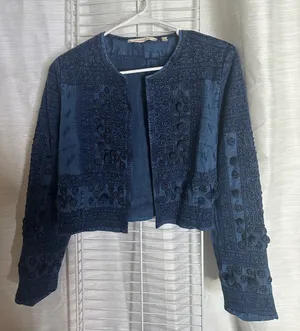 Soft Surroundings Navy Embroidered Open-Front Cropped Jacket thumbnail 1