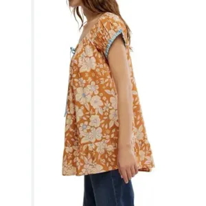 Free People Boho Floral Tunic Top Orange S Cotton Tie Neck Cap Sleeve Ruffle Hem thumbnail 5