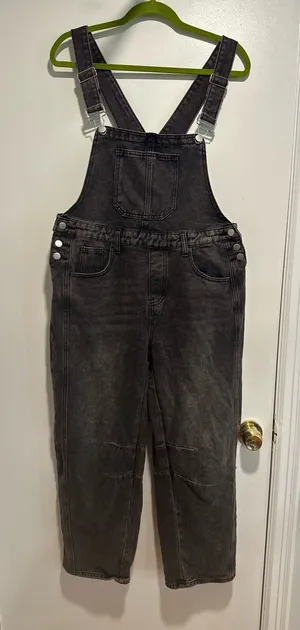 Black denim overalls jumpsuit Sz:L acid washed relaxed fit wide leg Baggy. thumbnail 1