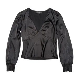Lulus Black Satin Long Sleeve V Neck Blouse Top Size M Puff Sleeve Side Zip thumbnail 1