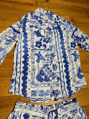 Joie Linen Matching Set Blue/White Floral Two-Piece Pantsuit Coord L/XL coastal thumbnail 5