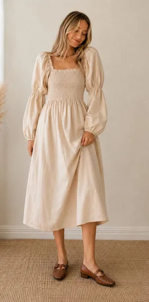 Monbebe Mom Daisy Beige Cotton Midi Dress Womens XS Cottage Core Prairie Minimal thumbnail 1