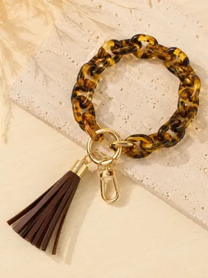 Tortoise Shell Acrylic Key Ring Bracelet Wristlet Tassel Brown Gold NWT thumbnail 1