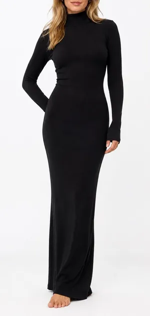 Spanx SKIMS NWT Soft Lounge Turtleneck Maxi Dress Onyx Black Size Large L Rib Bodycon thumbnail 1