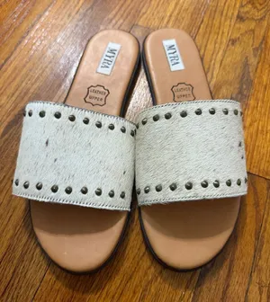 Myra Bag Cream Hair-On Leather Slide Sandals with Stud Accents thumbnail 1
