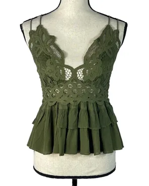 Free People Intimately Medium Adella Cami Top Olive Sparrow Ruffled Crochet Lace thumbnail 1