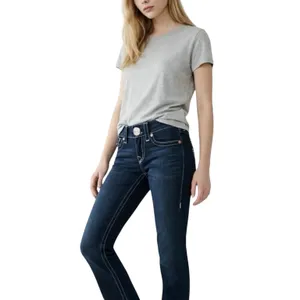 True Religion Straight Jeans Low Rise Rainbow Stitch Stretch Dark Wash Size 24 thumbnail 2
