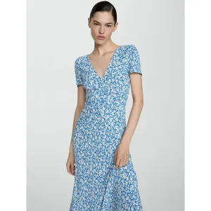 Mango Poma Floral Midi Dress Size Medium Blue Cottage Coquette Chic Jersey thumbnail 3