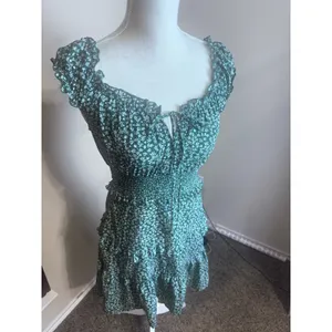 Dark Green Floral Milkmaid Mini Dress Smocked Waist Cottagecore Ruffle Small thumbnail 2
