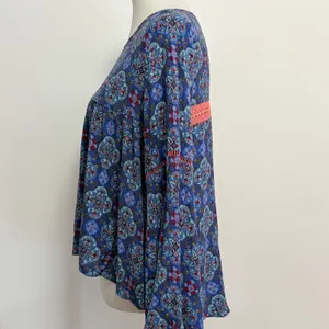 Hollister Bell Sleeve Blouse Large Blue Medallion Boho Crochet Trim Top thumbnail 4
