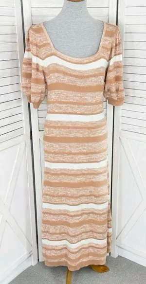 Amour Vert‎ Vivienne Striped Knit Sweater Dress Tan White Large Puff Sleeve Midi thumbnail 1