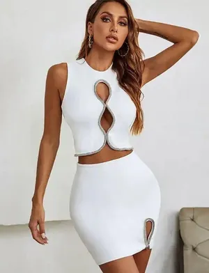 Boutique New White Cut Out Rhinestone Asymmetrical Hem Top & Skirt. Size Medium thumbnail 7