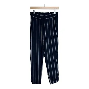Zara Woman Striped Cropped Pants‎ M Navy Blue White Drawstring Elastic Waist thumbnail 2