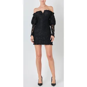 Endless Rose Off The Shoulder‎ Dress Size Medium Black Lace Fitted Long Sleeve thumbnail 2