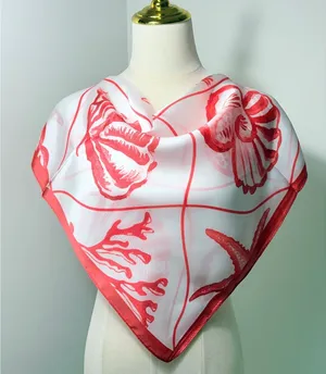 Coral Red and White Sea-Themed Satin Polyester Scarf with Mermaid and Shell Moti thumbnail 1