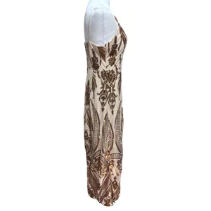 Windsor Sequin Maxi Dress Gold Bronze Damask Formal Prom Gown Art Deco Glam L thumbnail 5