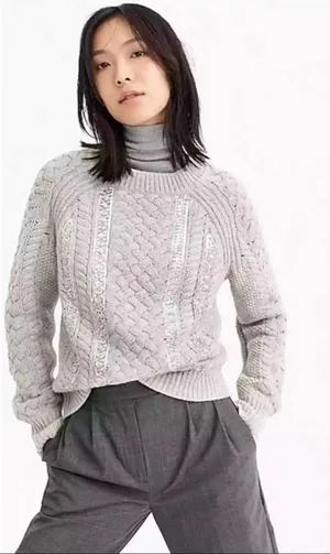J‎ Crew Cable-Knit Sequin Sweater Size Small S Gray Crew Neck Merino Wool Blend thumbnail 1