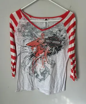 Harley Davidson Stripe Sleeve Oklahoma City OKC womens top, size Medium ^ thumbnail 1