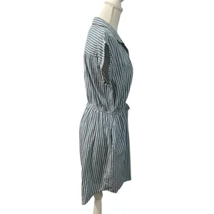 Japna 100% Cotton Blue White Striped Elastic Waist Mini Dress Pockets Medium thumbnail 5
